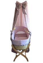 Afbeelding in Gallery-weergave laden, Mozes wiegbekleding Véda - oudroze & taupe wafel jersey - strikjes - hemel